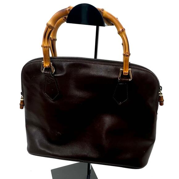 Gucci Brown Leather Bamboo Handles Dome Top Zip Bag - Picture 3 of 8